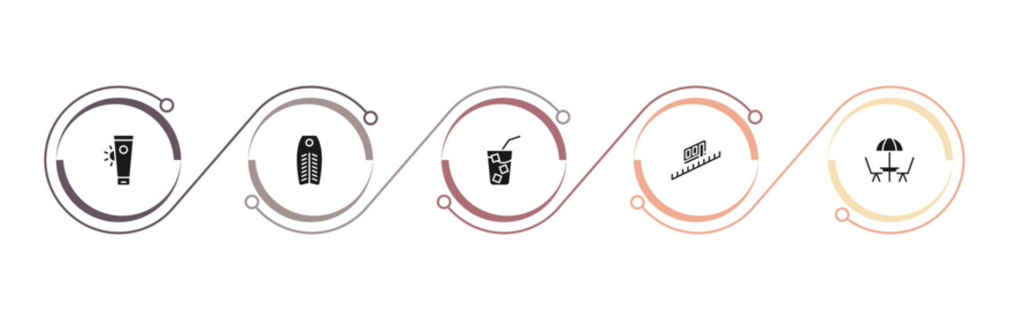 filled summer icons set - sunscreen, bodyboard, refreshing cold drink, funicular. editable vector for web and mobile ui