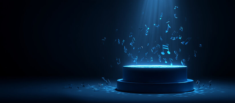 blue podium with musical note floating
