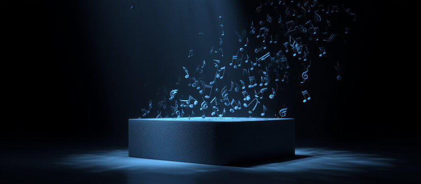 blue podium with musical note floating