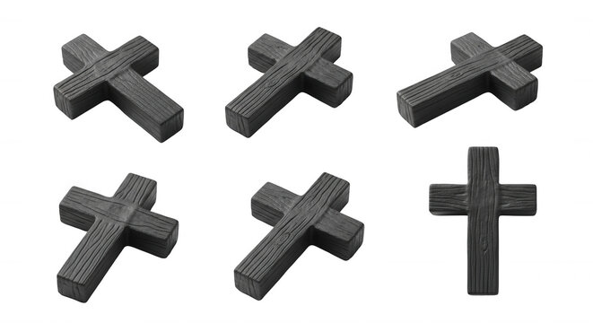 six wooden crosses arranged on a white background different angles and shadow for religious or memorial use