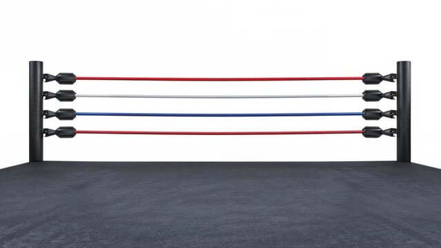 A boxing ring with red and blue ropes and black corner posts.