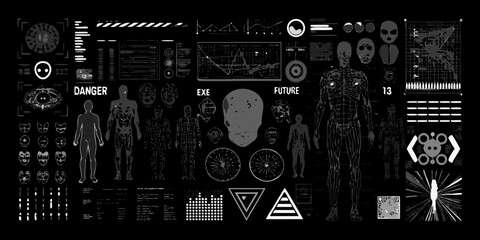 Obraz premium cyberpunk industrial graphic elements collage black and white human skeleton skull robot technology
