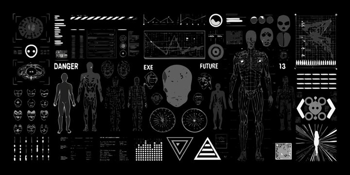 cyberpunk industrial graphic elements collage black and white human skeleton skull robot technology