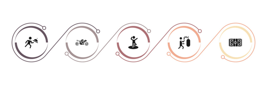 filled sports icons set - waiter falling, motor sports, dancing motion, man punching. editable vector for web and mobile ui