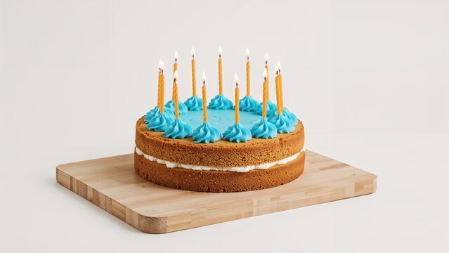 Birthday cake with blue frosting and candles on a wooden board.