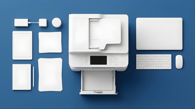 Top Down View Of A Modern Home Office Setup With Printer Laptop Keyboard And Mouse On A Blue Desk With Minimalist Arrangement