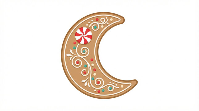 Christmas crescent moon gingerbread cookie vector illustration with ornate white royal icing swirls and peppermint candy details