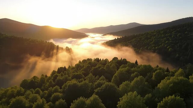 Ultra Realistic Drone Aerial View of Misty Mountain Valley at Sunrise with Lush Green Forest Cinematic Nature Landscape 4K