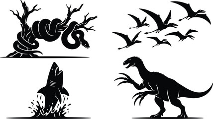 Black wild animal silhouette vector collection featuring a snake on a tree branch, flying pterodactyls, shark jumping, and therizinosaurus dinosaur © SabbirAhmed