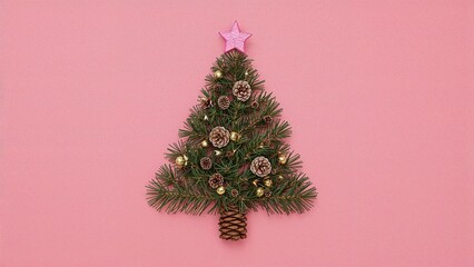Obraz premium Christmas tree decorated with pinecones and ornaments on pink background with star topper.