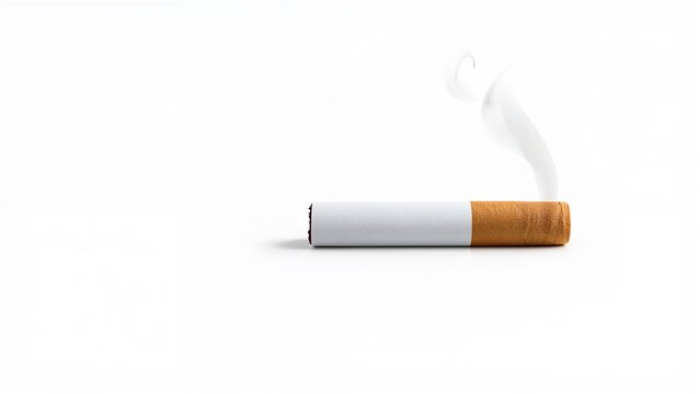 A cigarette with smoke rising, positioned horizontally on a white background.