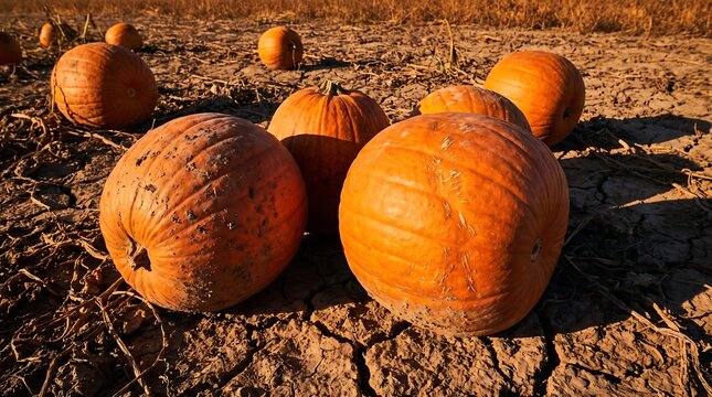 A low angle perspective of a vibrant pumpkin patch. Several large orange pumpkins rest on the dry earth under a clear sky creating a classic autumn harvest scene suitable for seasonal marketing materi