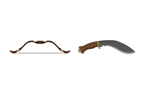 Hand drawn traditional recurve bow and curved kukri knife vector illustration set isolated on white