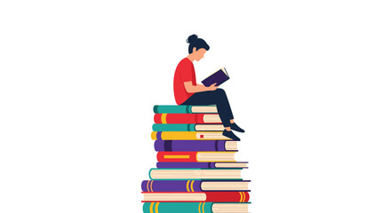 Young student sits atop a massive stack of colorful books while focused on reading a small handheld book for education. © Rahana