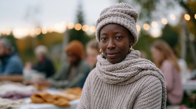 A group of etsy crafters works under a heavy overcast autumn sky at outdoor tables, handmade goods in progress, one participant stares quietly into the distance detached from the