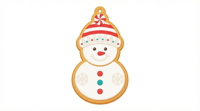 Christmas snowman gingerbread cookie vector illustration with winter beanie hat and peppermint candy icing decorations