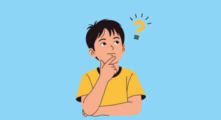 Young boy with a thoughtful expression touches his chin while a yellow question mark appears above his head in the blue air.