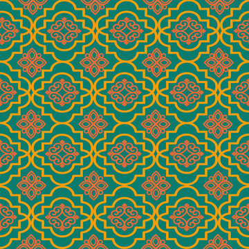 Geometric seamless pattern colorful elegant traditional ornamental tile motifs in vibrant teal, orange, coral. Luxury moroccan Islamic mosaic background vintage design for wallpaper, textile, vector