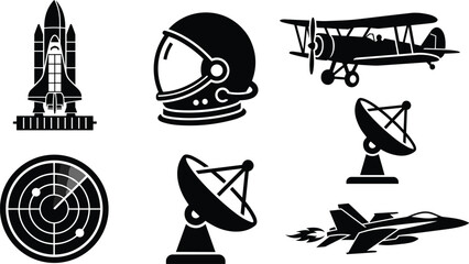 Aerospace and aviation icon set featuring space shuttle astronaut helmet biplane jet fighter radar and satellite dish elements © SabbirAhmed