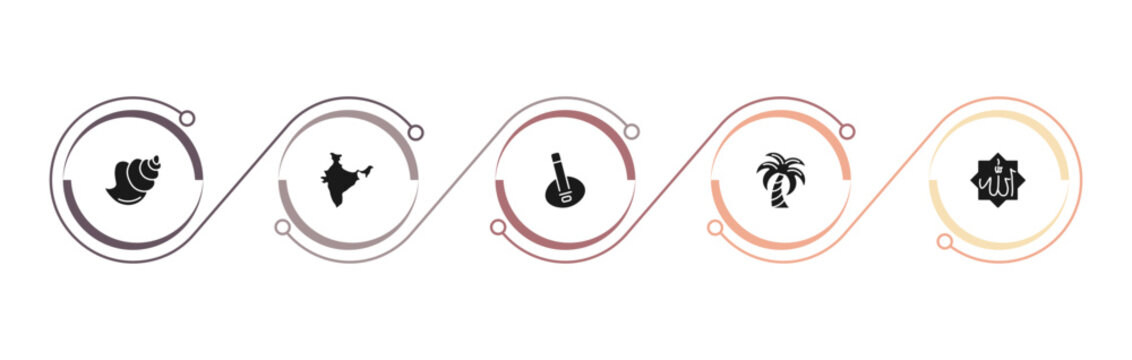 filled religion icons set - conch shell, india, sitar, palm tree with date. editable vector for web and mobile ui