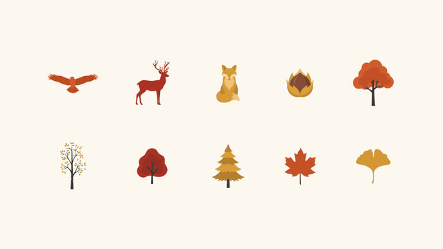 Autumn themed vector illustrations featuring wildlife and foliage against a pale background autumn fall season leaves trees deer stag