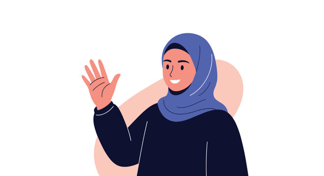 Woman wearing a blue hijab waves her hand with a friendly smile representing diverse community and welcoming atmosphere for social themes.