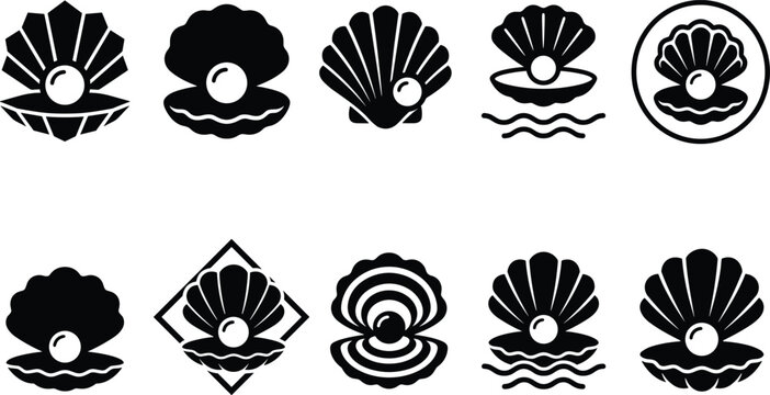 Sea shell with pearl vector glyph icons set for luxury jewelry branding and ocean beauty product logos
