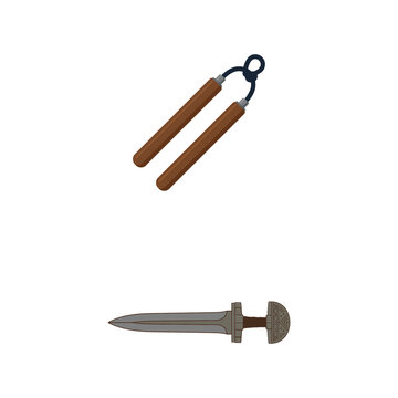 Traditional oriental weapon nunchaku and ancient short dagger isolated vector illustration