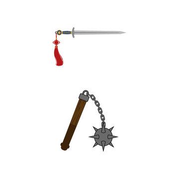Medieval knight flail weapon and traditional Chinese sword vector illustration set