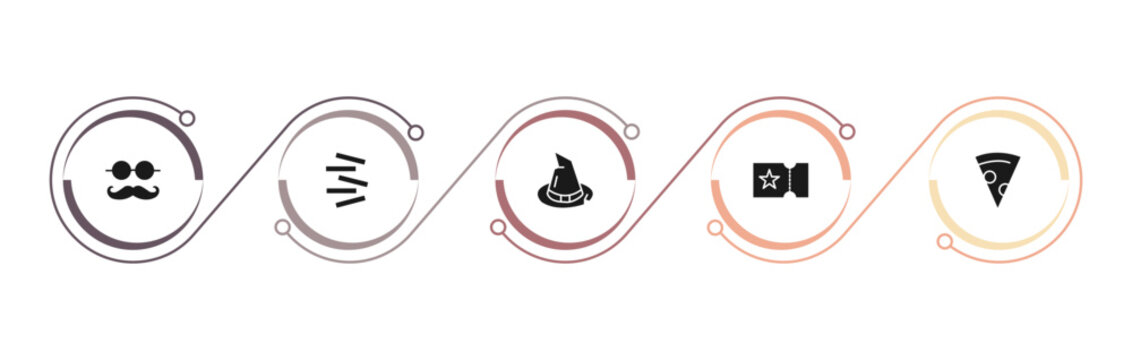 filled party icons set - mustache with glasses, jenga, wizard hat on head, admission. editable vector for web and mobile ui
