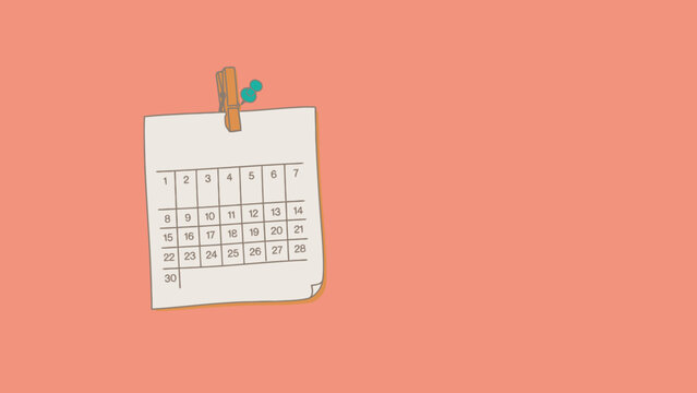 A monthly calendar with a wooden clothespin and pushpin a vector illustration on a peach background wall datebook