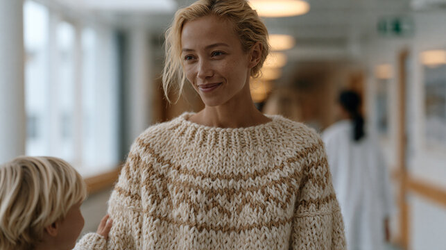 Icelandic wool sweater knitter frozen in living statue pose on hospital corridor wearing lopapeysa, patients and staff walking past unaware she has been still for twenty minutes,