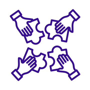 Four hands work together fitting puzzle pieces in a cooperative team effort concept transparent background