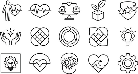 Fototapeta premium Corporate wellness and work life balance line icons set for business values and mental health branding