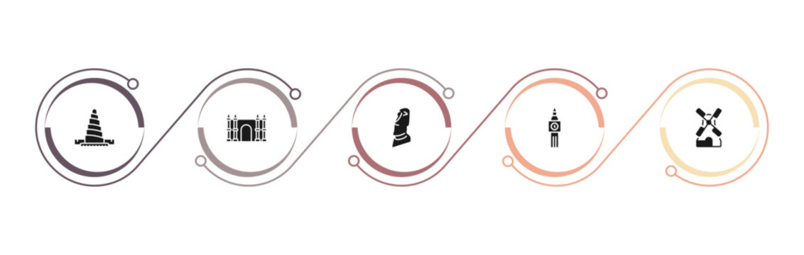 filled monuments icons set - great mosque of samarra, spain, moia statues, the clock tower. editable vector for web and mobile ui
