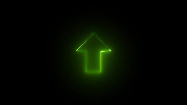 Glowing green neon arrow pointing up on a dark black background, futuristic laser light motion graphics