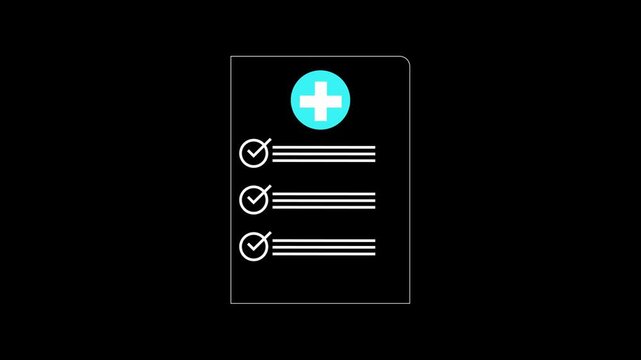 Minimalist medical checklist icon animation on a black background, flat style health report concept motion graphics loop