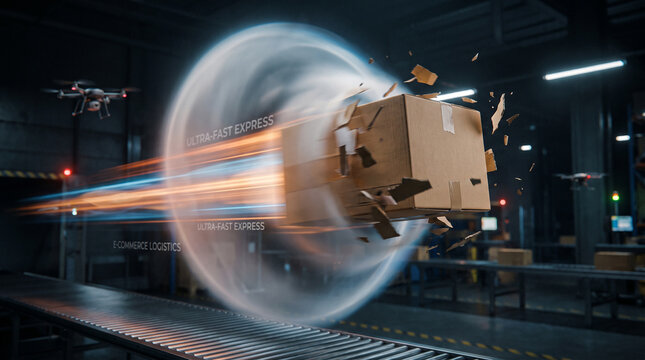 A cardboard box flies at breakneck speed through a high-tech warehouse, creating a sonic boom effect. A powerful visual for ultra-fast express delivery and modern e-commerce.