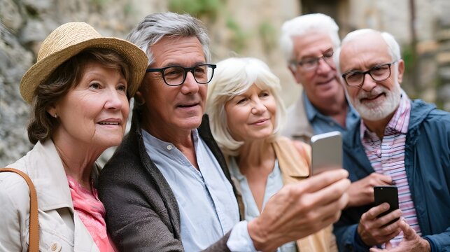 A group of older adults outdoors looking at a smartphone screen together during daylight with natural stone background