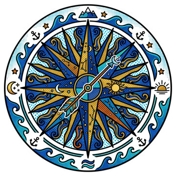 Ornate nautical compass rose with celestial sun and moon motifs in blue and gold halftone style.