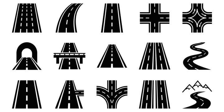 Collection of black and white road and highway icons.