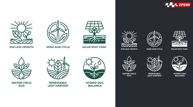 Set of minimalist line art logos for sustainable energy and environmental concepts, featuring solar panels, wind turbines, and plant growth.