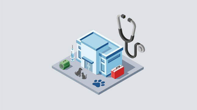 Isometric 3D illustration of a veterinary clinic building with medical symbols like stethoscope, syringe, and pet carrier for animal healthcare services.