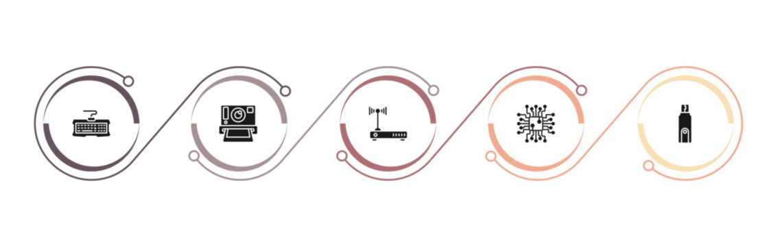filled hardware icons set - keyboard wire, camera, hardware hotspot, circuits. editable vector for web and mobile ui