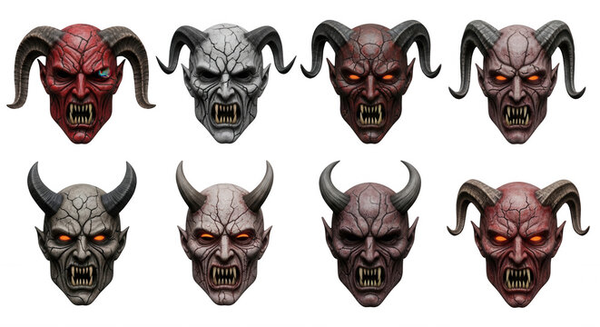 colorful demonic masks with horns fangs and glowing eyes against a white background halloween or horror themes
