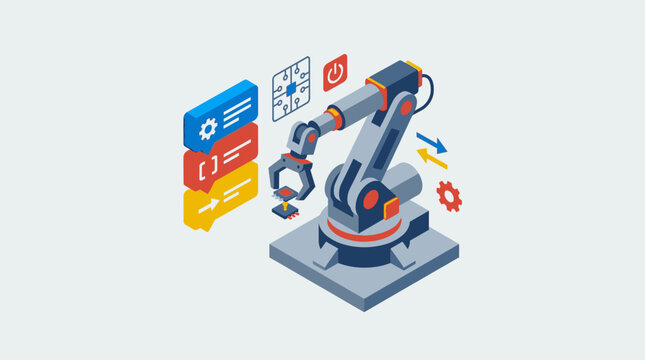 Isometric illustration of an industrial robotic arm with programming code icons and microchip for automation and smart manufacturing technology