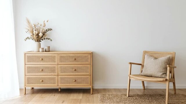 Modern Scandi Living Room Interior with Rattan Cabinet and Wooden Chair