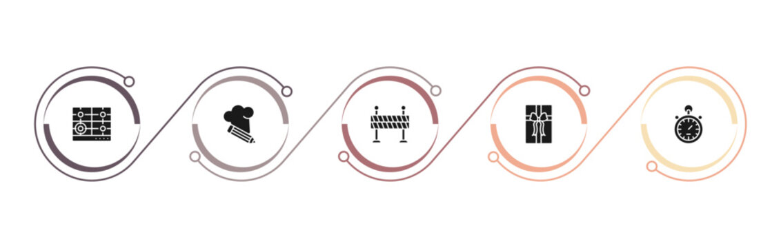filled general icons set - hob, chef hat with a pencil, traffic barriers, birthday present. editable vector for web and mobile ui