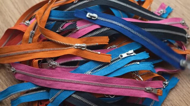 Colorful Assorted Metal And Plastic Zippers Scattered On Wooden Surface
