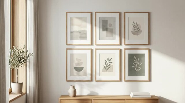 Modern Minimalist Living Room Interior with Framed Botanical Art Prints and Natural Sunlight